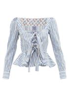 Thierry Colson - Yaz Lace-up Floral-print Cotton-poplin Blouse - Womens - Blue Multi