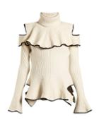 Matchesfashion.com Alexander Mcqueen - Roll Neck Ruffle Trimmed Wool Blend Sweater - Womens - Ivory