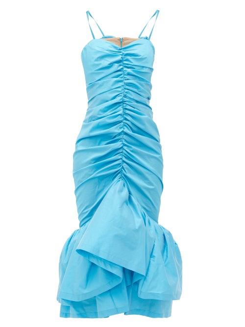 Matchesfashion.com The Attico - Ruched Ruffled-hem Satin-taffeta Midi Dress - Womens - Blue