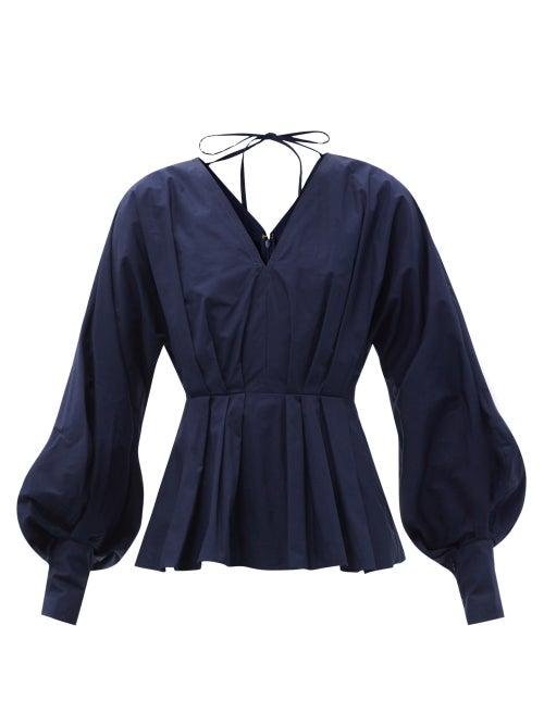 Ladies Rtw Roksanda - Colette Bishop-sleeve Cotton-poplin Blouse - Womens - Navy