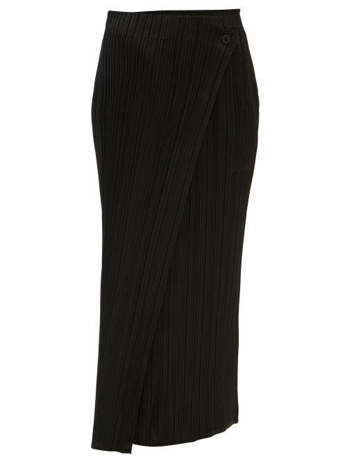 Pleats Please Issey Miyake - Wrap-front Technical-pleated Midi Skirt - Womens - Black