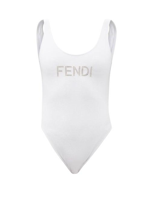 Ladies Beachwear Fendi - Embroidered-logo Scoop-neck Swimsuit - Womens - White