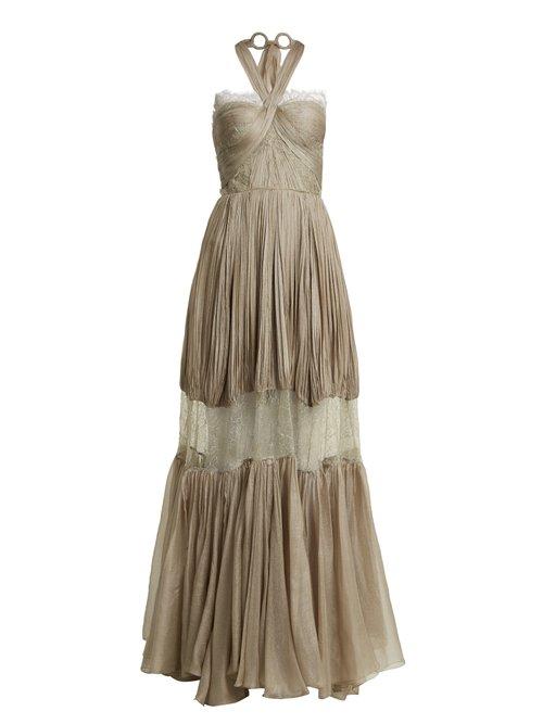 Matchesfashion.com Maria Lucia Hohan - Nerisse Pleated Silk And Lace Dress - Womens - Silver Multi