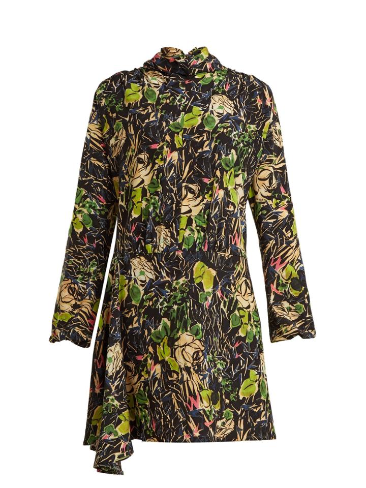 Prada Marocaine Rose-print Tie-neck Silk Dress