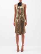 Saint Laurent - Floral-appliqu Ruched Lam Dress - Womens - Gold