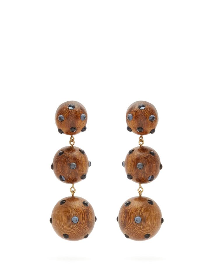 Rebecca De Ravenel Three Drop Wood And Glass Clip-on Earrings