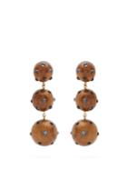Rebecca De Ravenel Three Drop Wood And Glass Clip-on Earrings