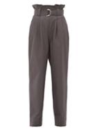 Matchesfashion.com Ganni - Paperbag-waist Cotton-blend Wide-leg Trousers - Womens - Grey