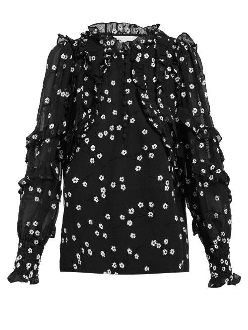 Matchesfashion.com Rebecca Taylor - Alessandra Floral Embroidered Cotton Blend Blouse - Womens - Black White