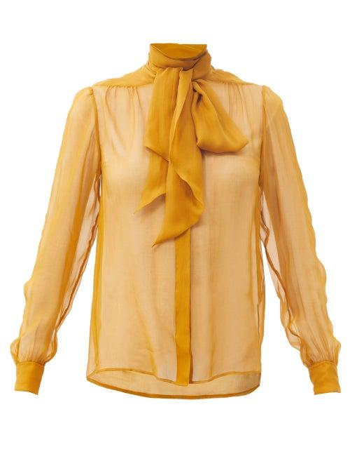 Matchesfashion.com Saint Laurent - Pussy-bow Silk-chiffon Blouse - Womens - Yellow