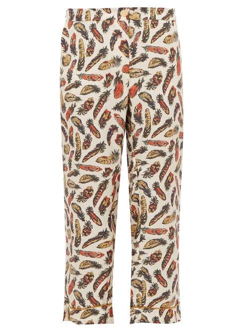 Matchesfashion.com La Prestic Ouiston - Miami Cropped Feather Print Silk Twill Trousers - Womens - White Multi