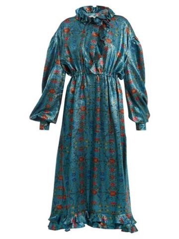 Matchesfashion.com Preen By Thornton Bregazzi - Linnet Floral Print Silk Blend Lam Midi Dress - Womens - Blue Multi