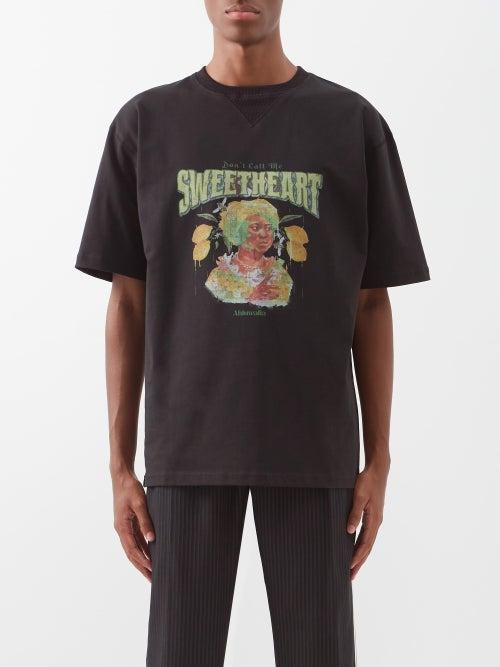 Ahluwalia - Quadri Sweetheart-print Cotton-blend T-shirt - Mens - Black Print