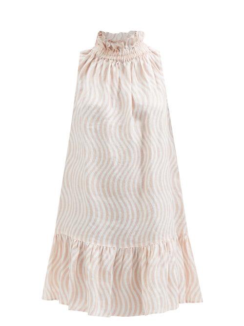 Ephemera - Ruffle-neck Wave-print Linen-voile Mini Dress - Womens - Pink Print
