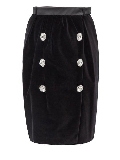 Paco Rabanne - High-waisted Crystal-button Velvet Pencil Skirt - Womens - Black