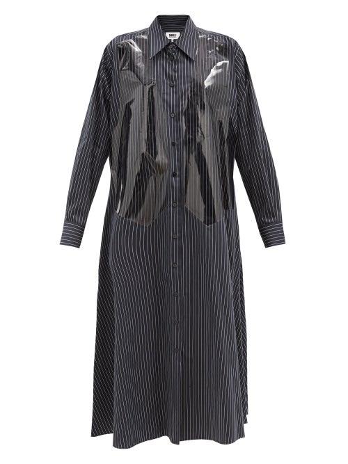 Matchesfashion.com Mm6 Maison Margiela - Vinyl-overlay Pinstriped Cotton Shirtdress - Womens - Black