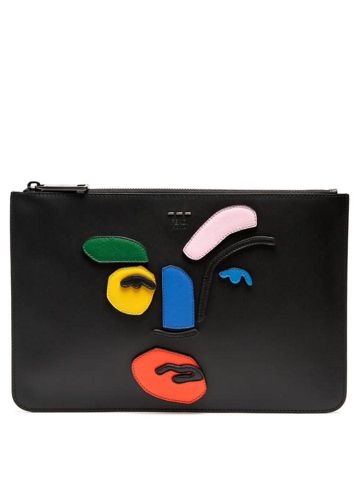 Fendi Abstract-face Leather Pouch