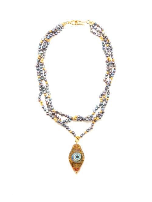 Tohum - Beaded Glass & 24kt Gold-plated Necklace - Womens - Green Grey Multi