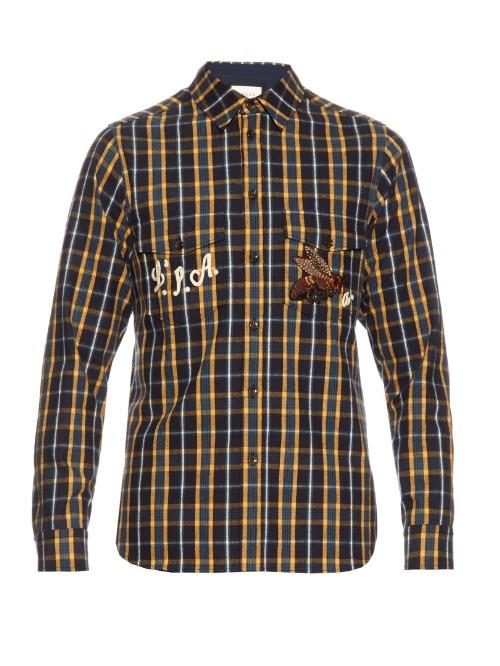 Gucci Bee-embroidered Brushed-cotton Checked Shirt