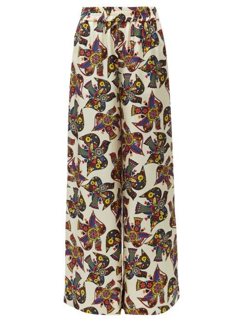 Matchesfashion.com La Doublej - Palazzo Bird-print Silk-twill Trousers - Womens - Ivory Multi