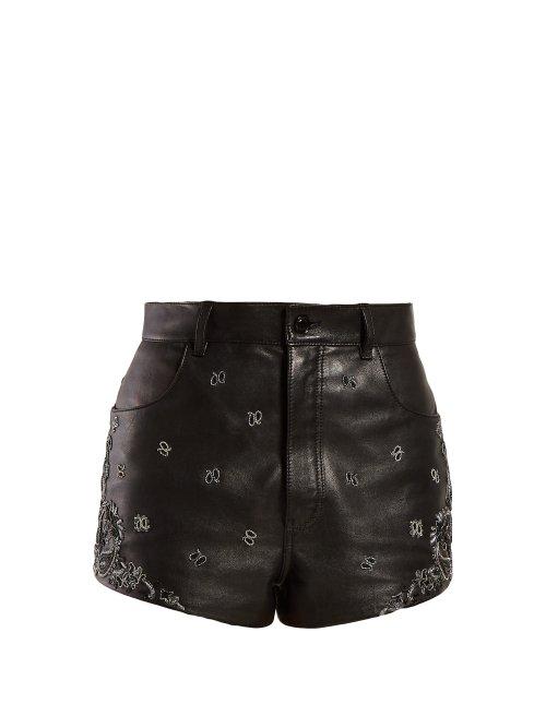 Matchesfashion.com Saint Laurent - High Rise Embroidered Leather Shorts - Womens - Black Silver