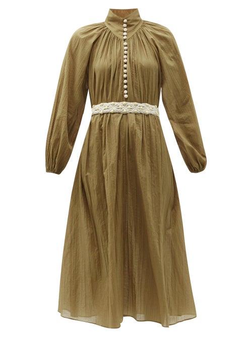 Matchesfashion.com Zimmermann - Cassia Button-front Belted Voile Midi Dress - Womens - Khaki