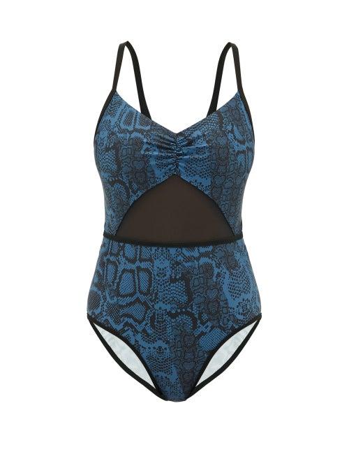 Matchesfashion.com Adidas By Stella Mccartney - Gathered Snake-print Swimsuit - Womens - Blue Print