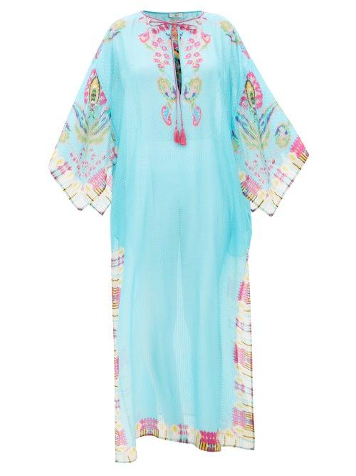 Etro - Ikat-print Gingham-voile Kaftan - Womens - Blue Print