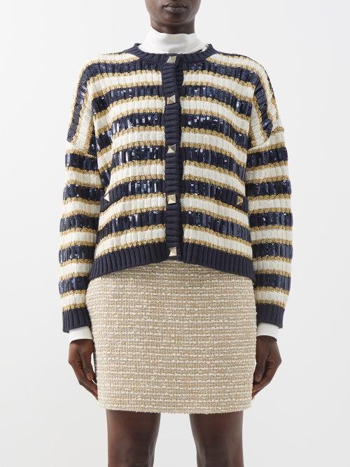 Valentino - Sequinned Striped Ribbed-knit Cardigan - Womens - Black Stripe