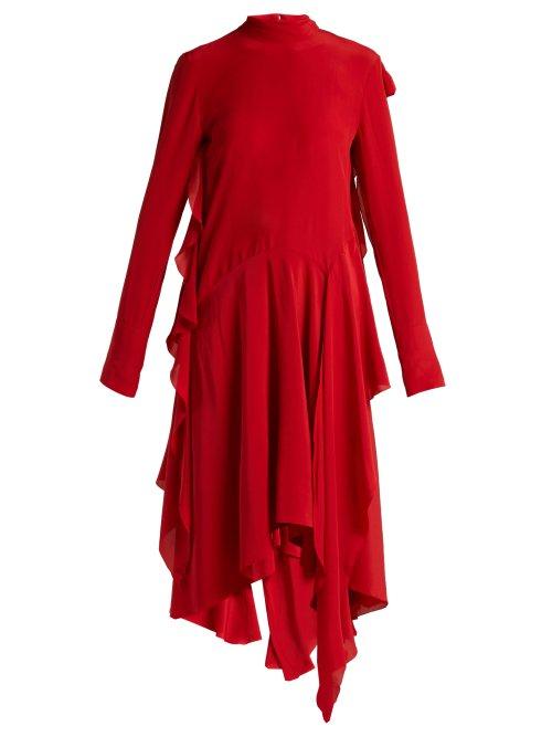 Matchesfashion.com Petar Petrov - Dana Asymmetric Ruffled Silk Dress - Womens - Red