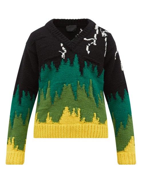 Matchesfashion.com Prada - Lightning Embroidered Wool Sweater - Mens - Black Green