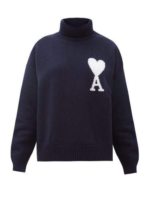 Matchesfashion.com Ami - Logo Intarsia Merino Wool Sweater - Womens - Navy