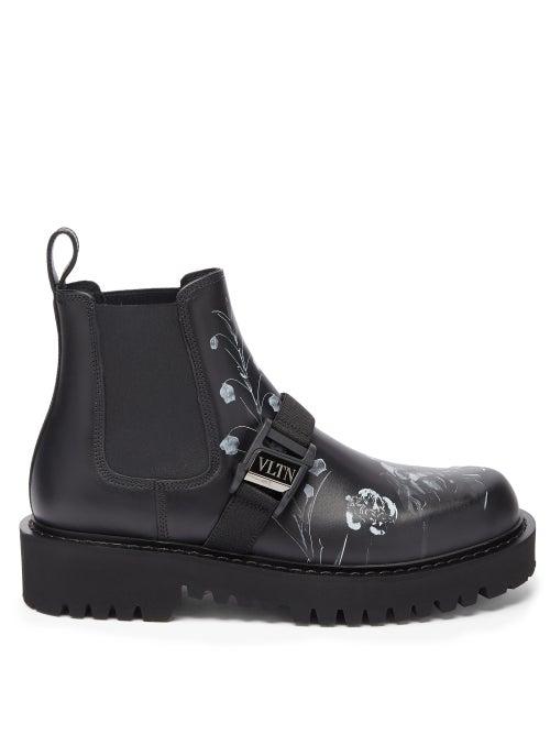 Matchesfashion.com Valentino Garavani - Flowersity-print Leather Chelsea Boots - Mens - Black White