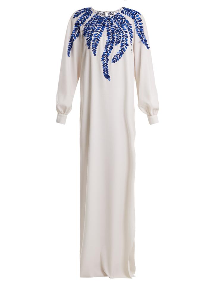Oscar De La Renta Fern Embroidered Round-neck Silk-blend Gown
