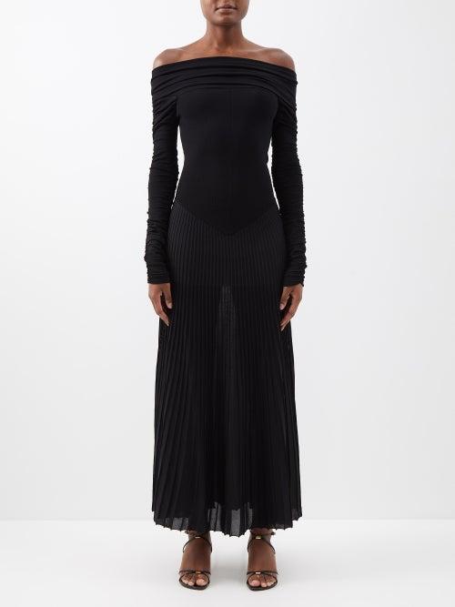 Khaite - Rebecca Pleated Off-the-shoulder Jersey Dress - Womens - Black