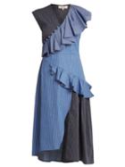 Matchesfashion.com Sea - Striped Ruffle Trimmed Cotton Midi Dress - Womens - Blue Multi