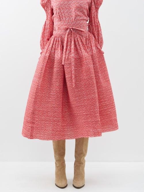 Horror Vacui - Toga Printed Stitch-pleated Cotton Midi Skirt - Womens - Red Print