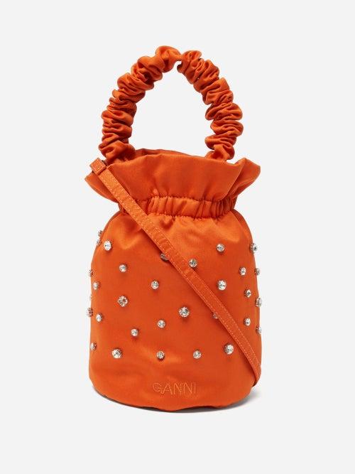 Ganni - Crystal-embellished Satin Bucket Bag - Womens - Red