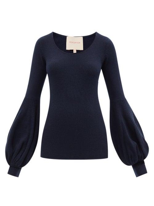 Ladies Rtw Roksanda - Sherene Bishop-sleeve Ribbed Wool-blend Sweater - Womens - Navy