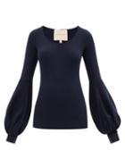 Ladies Rtw Roksanda - Sherene Bishop-sleeve Ribbed Wool-blend Sweater - Womens - Navy