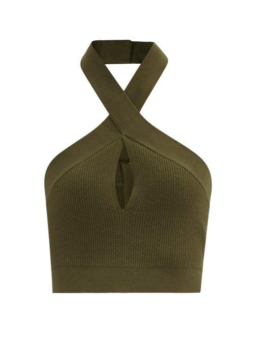 Matchesfashion.com Balmain - Twisted-halterneck Stretch-knit Cropped Top - Womens - Khaki