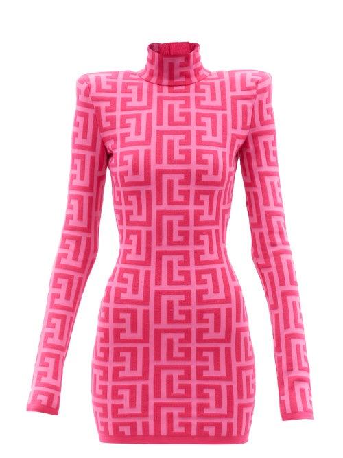 Balmain - Monogram-jacquard Padded-shoulder Dress - Womens - Pink