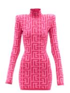 Balmain - Monogram-jacquard Padded-shoulder Dress - Womens - Pink