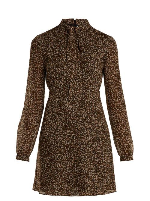 Matchesfashion.com Saint Laurent - Leopard Print Tie Neck Wool Dress - Womens - Leopard