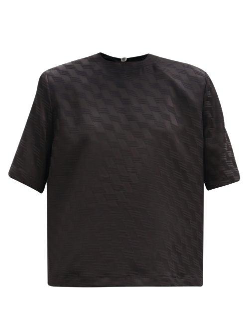 Matchesfashion.com The Attico - Bella Padded-shoulder Logo-jacquard Satin Blouse - Womens - Black