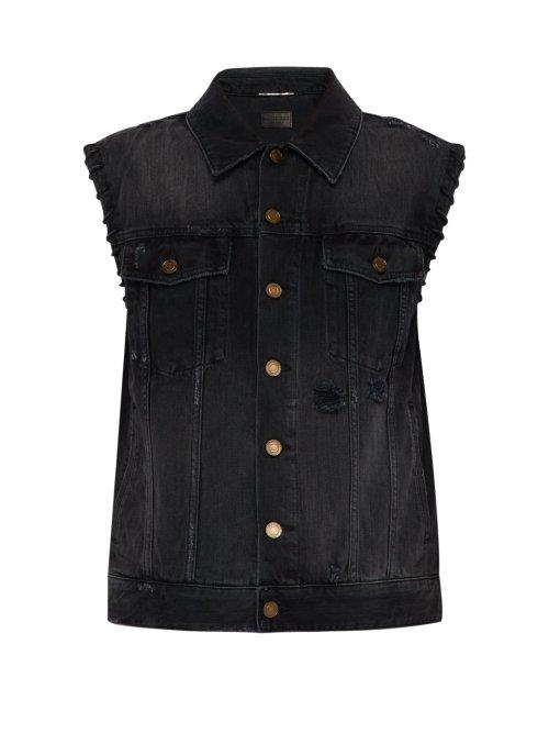 Matchesfashion.com Saint Laurent - Whipstitched Distressed Sleeveless Denim Jacket - Mens - Dark Grey
