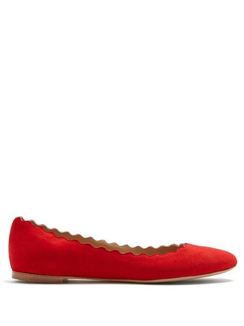 Matchesfashion.com Chlo - Lauren Scallop Edge Suede Ballet Flats - Womens - Red