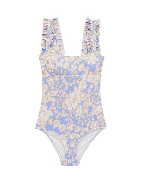 Matchesfashion.com Ephemera - Ruffled-strap Floral-print Swimsuit - Womens - Blue Print