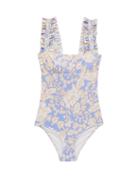 Matchesfashion.com Ephemera - Ruffled-strap Floral-print Swimsuit - Womens - Blue Print