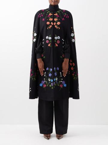 Carolina Herrera - Floral-embroidered Wool-blend Felt Cape - Womens - Black Multi